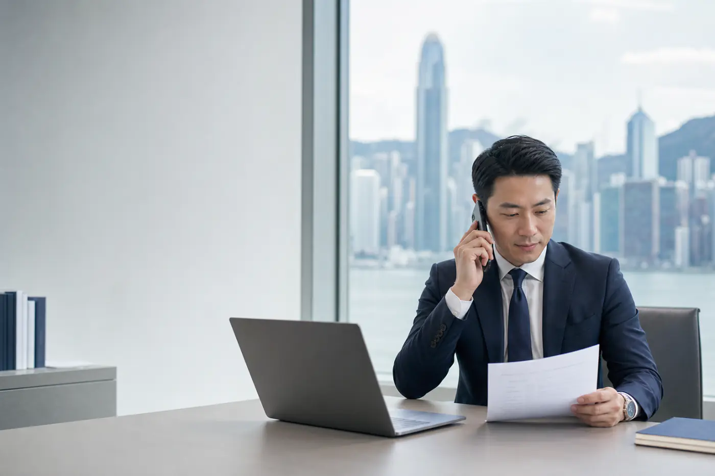 Gestor de relaciones en Hong Kong revisando información para el seguimiento de inversores