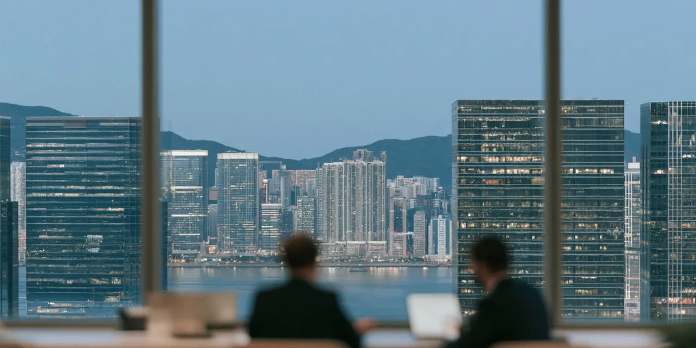 Hong Kong brokerage team meeting with the harbor skyline in view