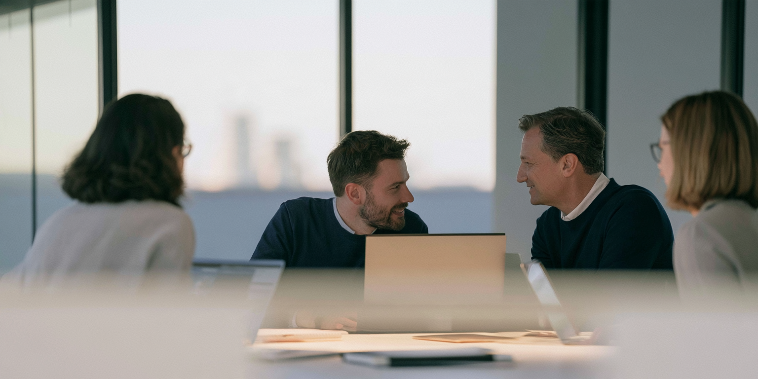 A global enterprise team collaborating in a modern workspace