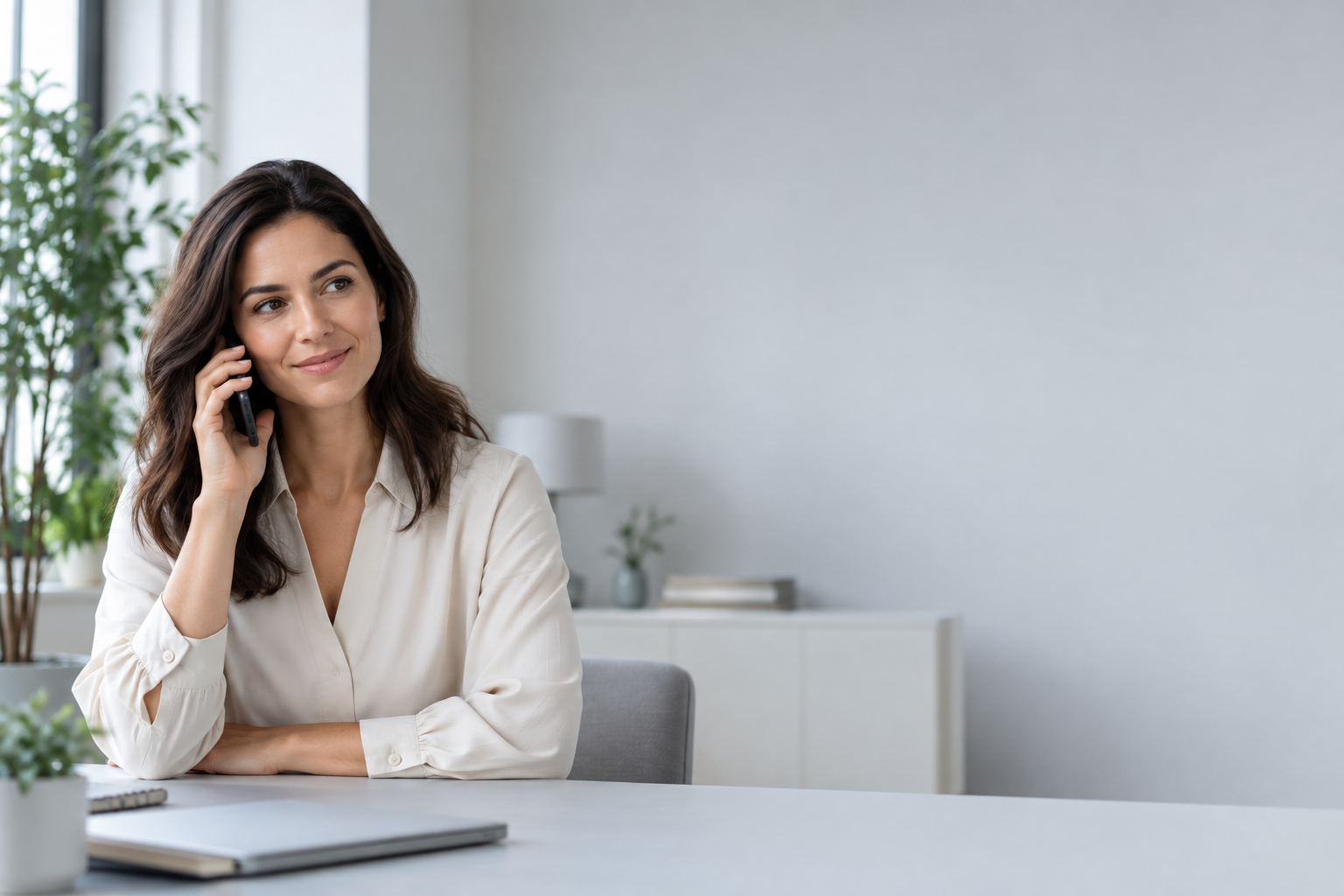 Customer speaking with her bank by phone in a bright home office