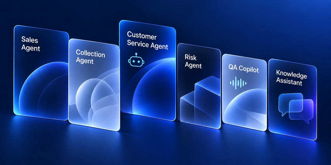 Staggered cards showing six Dyna.Ai AI Agent roles